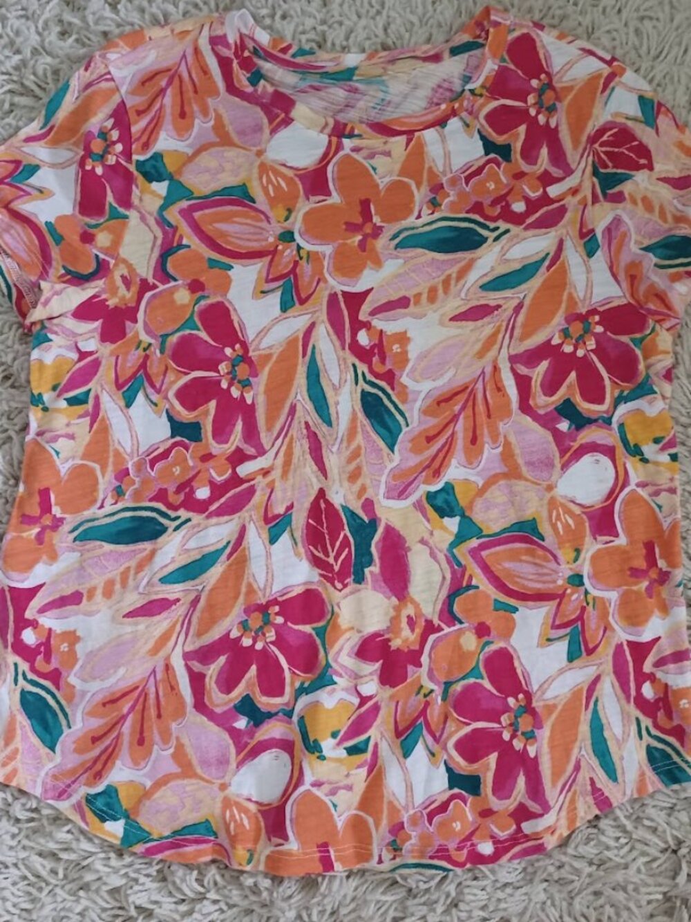 Blue Sol Petite XL Floral Short Sleeve Cotton Modal Knit Top Pink Orange PXL